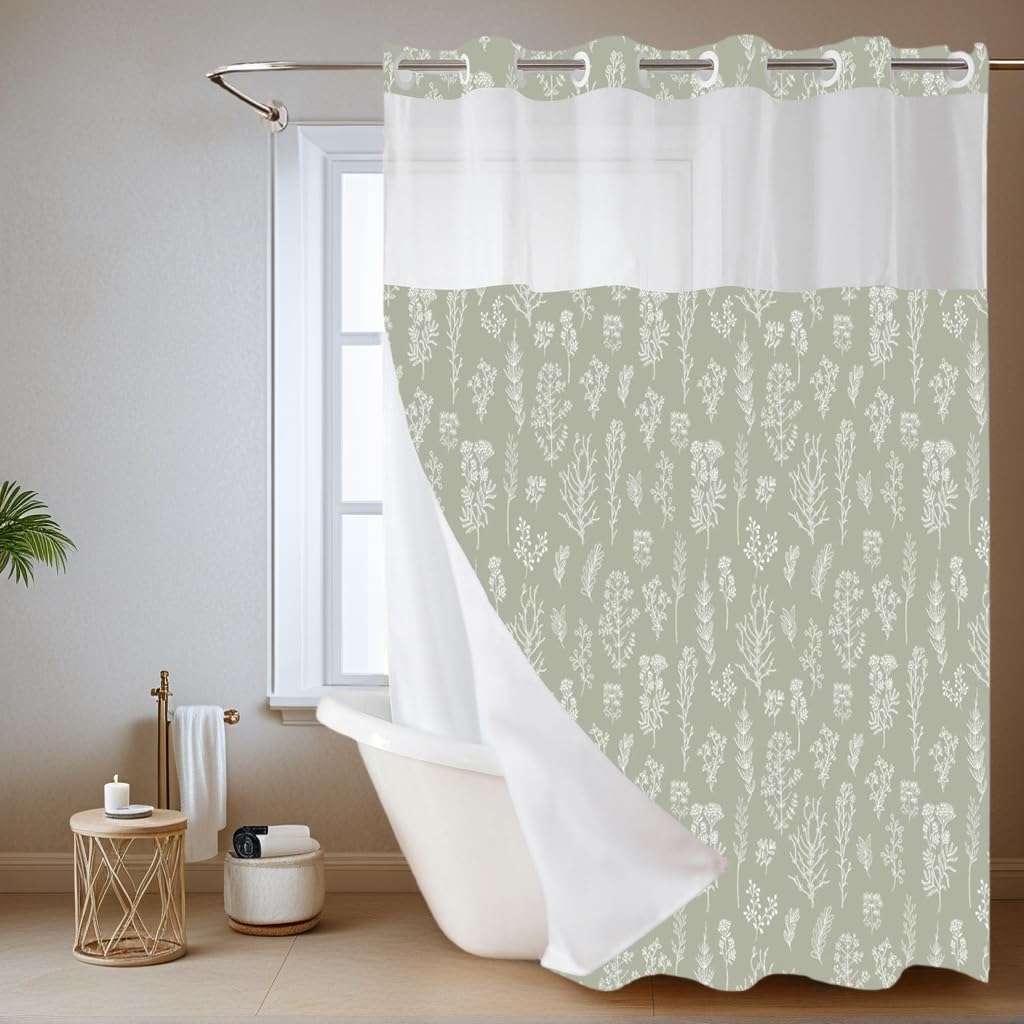 Sage Green Botanical Plants No Hook Shower Curtain with Snap in Liner Set, Herbs and Wild Flower Fabric Shower Curtain Set with Liner, See Through Mesh Top, Aesthetic Vintage Shower Curtains 71" x 74"