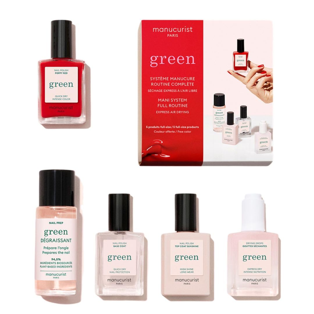 Manucurist Sistema Green Rosso Poppy Red - Kit Smalto Resistente Senza Lampada : 1 Sgrassante, 1 Base Coat, 1 Smalto Unghie, 1 Top Coat, Gocce Asciuganti - Smalto Unghie Lunga Durata - Regalo Donna