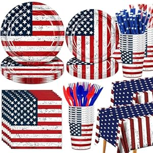194Pcs Vintage Patriotic Party Supplies Set- American Flag Dinnerware – 9″+7″ Plates, Cutlery, Napkins, Cups & 2 USA Flag Tablecloths-Patriotic Decoration for 4th of July, Birthday, Memorial Day BBQs