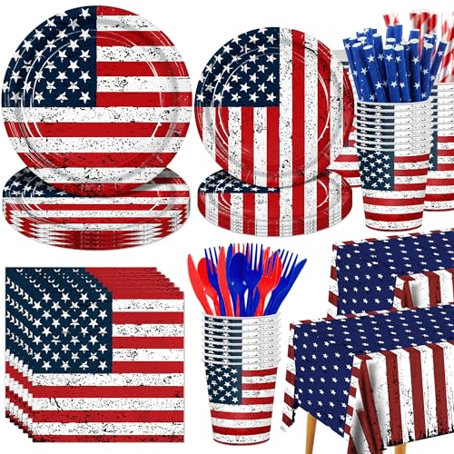 194Pcs Vintage Patriotic Party Supplies Set- American Flag Dinnerware - 9'+7' Plates, Cutlery, Napkins, Cups & 2 USA Flag Tablecloths-Patriotic Decoration for 4th of July, Birthday, Memorial Day BBQs