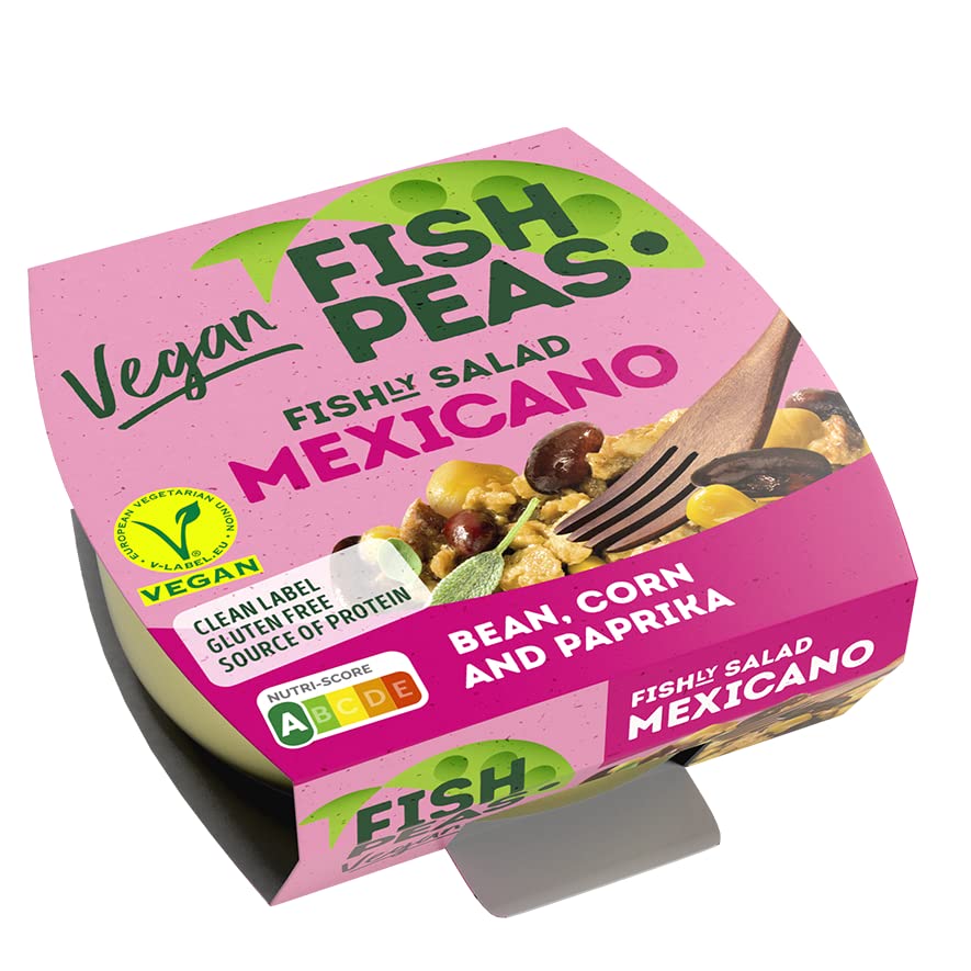 FISH PEAS - Ensalada MEXICANO de alimentos veganos a base de plantas con frijoles, maíz y pimentón. Comidas listas para comer a base de plantas, sin