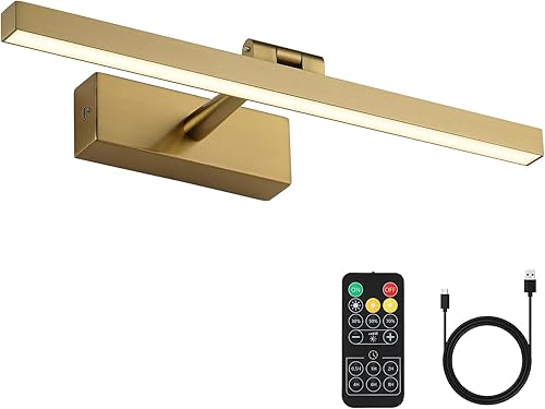 Joosenhouse Luz de galería inalámbrica a pilas con control remoto, luces de pared recargables de latón de 15.35 pulgadas, regulables y apagadas