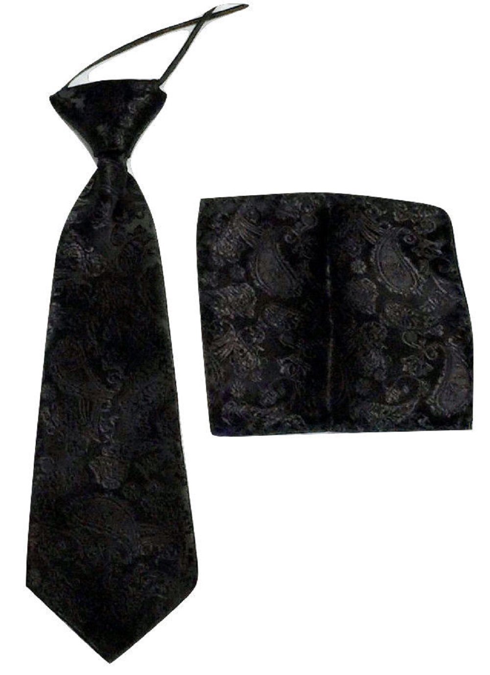 L&L® Kid Children Woven Paisley Jacquard Silk Tie and Handkerchief Gift Set Wedding (Black)