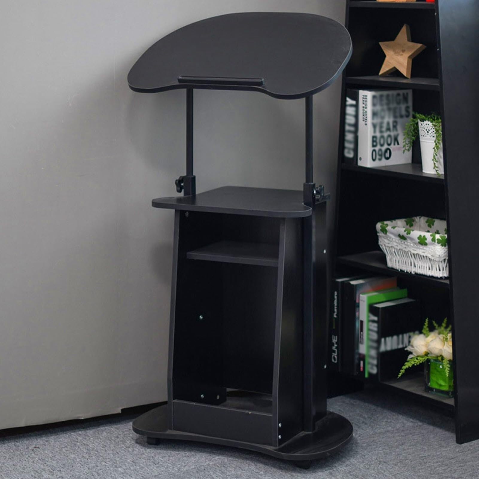 DUANHOZ Height Adjustable Mobile Laptop Stand with Storage Shelf - Sit-to-Stand Desk for Speaking Lectern, Portable Podium with Tilting Desktop