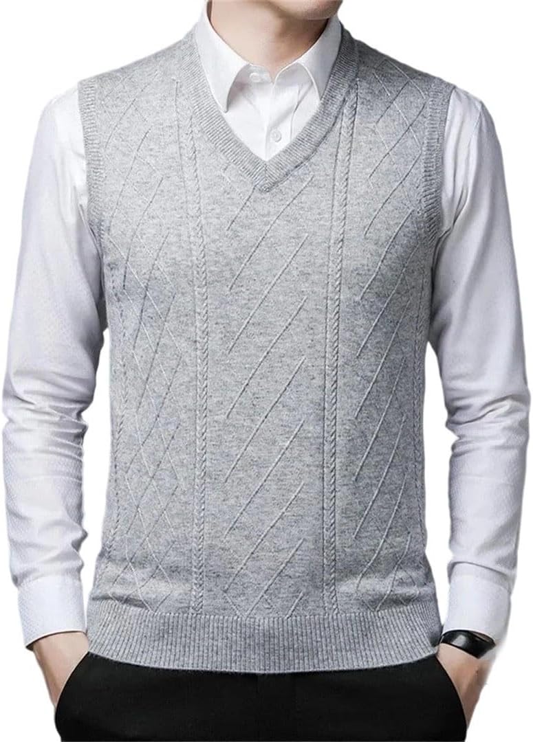 Men V Neck Sleeveless Sweater Vest Fall Winter Solid Color Slim Fit Pullover Knit Waistcoat