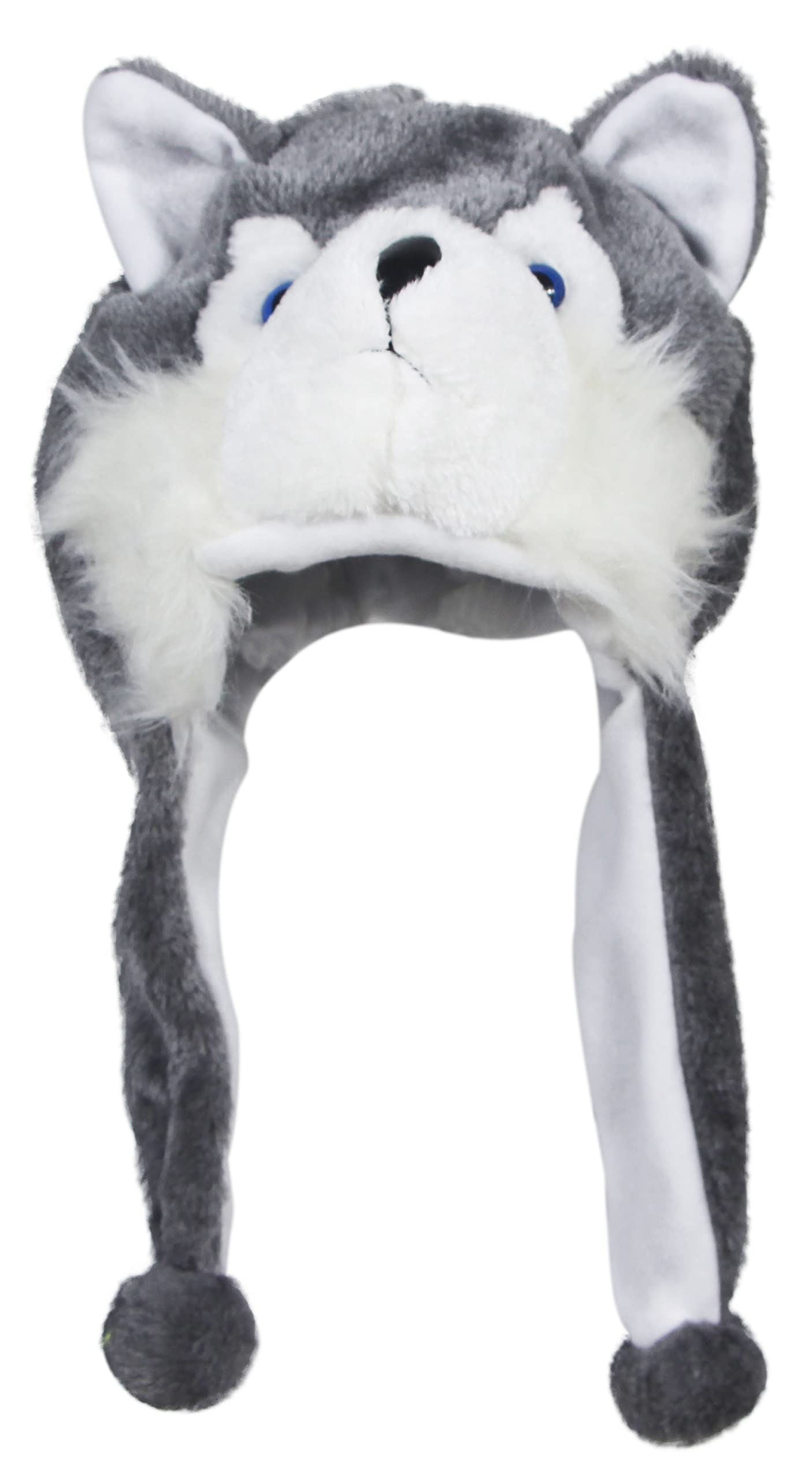 Cute Plush Animal Character Winter Hat Fun Ski Cap with Detailed Animal Face Long Ear Straps with Pom Pom Ends