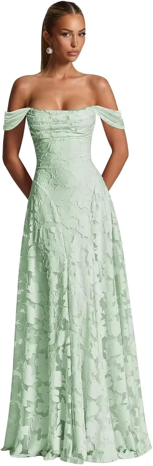 Off The Shoulder Bridesmaid Dresses Plus Size for Women A Line Long Sage Green Floral Chiffon Prom Dresses Cowl Neck Off The Shoulder Formal Evening Gowns US Size 26W