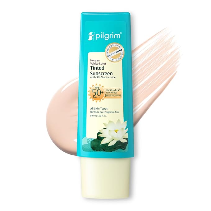 Pilgrim Korean White Lotus Tinted Sunscreen SPF 50+ PA++++ with 3% Niacinamide | No White Cast | Prevents Tanning & Brightens Skin Tone | UVA/B & Bluelight Protection | For All Skin Types - 50 ml