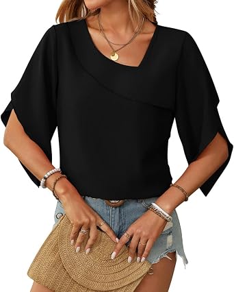 Asymmetrical Neck Tops for Women Summer Petal Half Sleeve Dressy Shirts