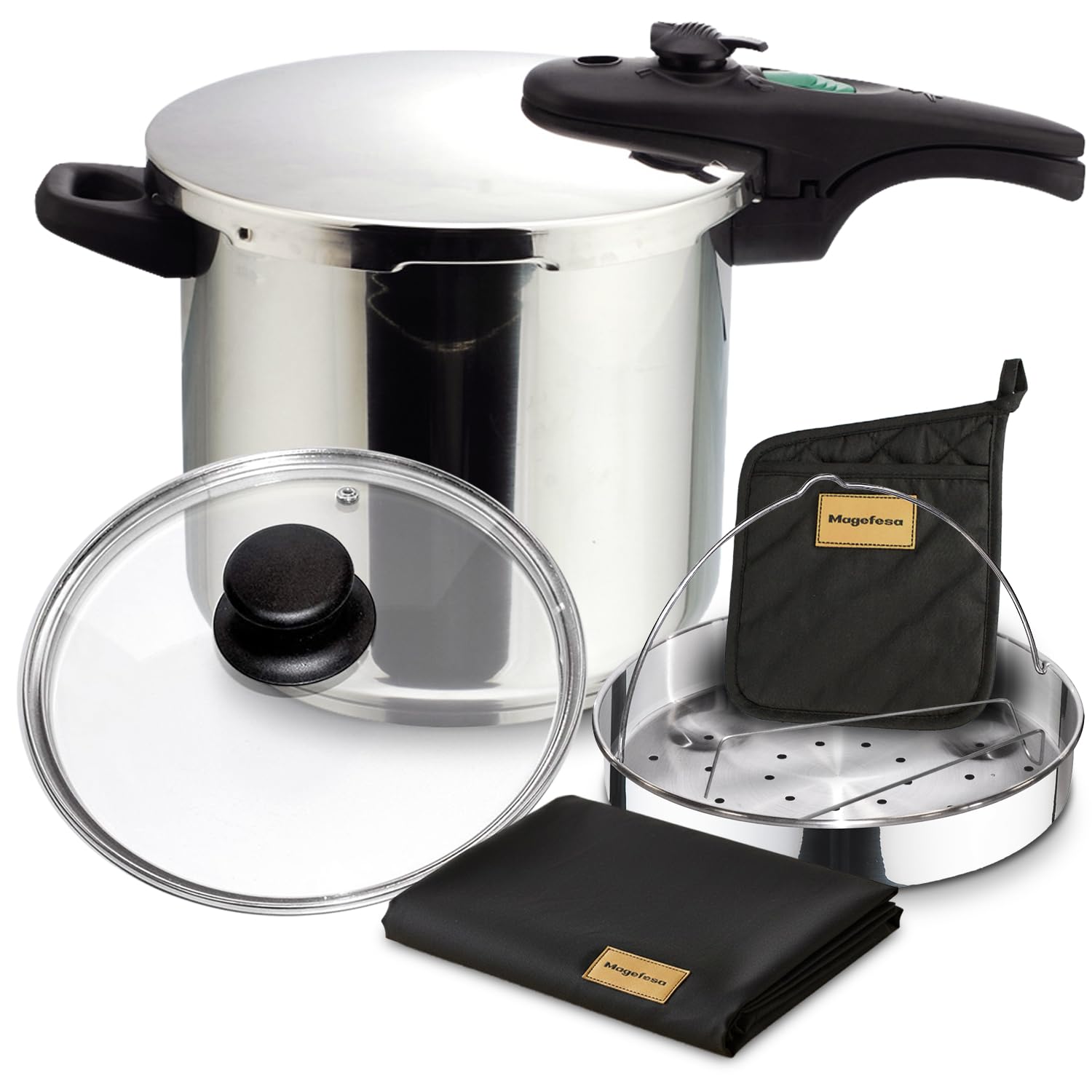 Magefesa Athenas - Pack Exclusivo Olla Express Rápida 7.5L + Cestillo + Tapa de Cristal + Paño + Tomaollas, Acero Inoxidable 18/10, Para Inducción, Fondo Termo-Difusor