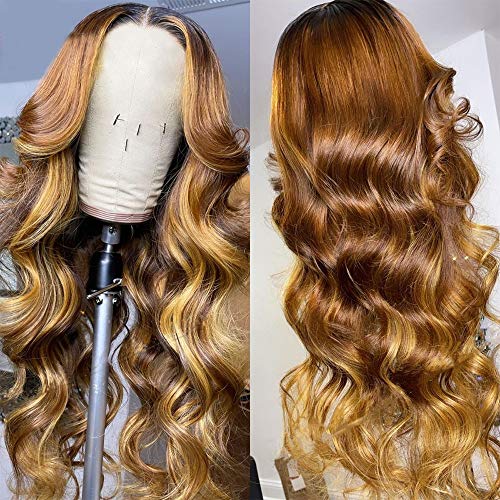 ANDRIA Natural Wavy Wig Honey Blonde Wigs Dark Roots Brown Wig Synthetic Long loose Curly Wig Heat Resistant Fiber Middle Part Wig 24 Inches Colorful Wigs