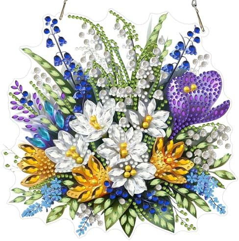 MXJSUA Bouquet Crocuses Flowers Diamond Painting Art Window Suncatchers, Diamond Art Kits for Adults Hanging Ornaments with Chain, Special Shape Crystal Diamond Pendant Accessories for Decor Gift
