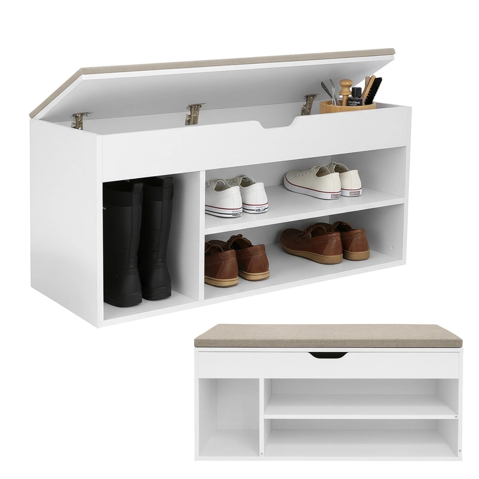 MAKA Scarpiera Panca Ingresso con Seduta, Cassapanca con Cuscino Imbottito L103xP30xA45, Capacità Seduta 150 Kg, 4 Scomparti a Scaffale, Legno Resistente (Bianco XL)