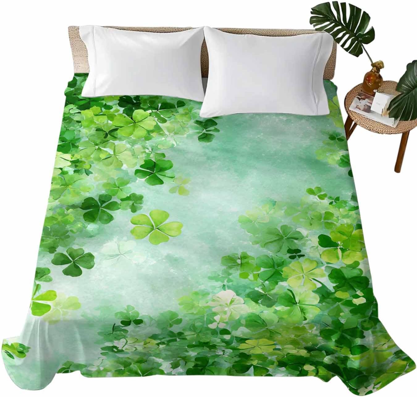 King Size Flat Sheet Only, St. Patrick's Day Soft Brushed Microfiber Bed Sheets, Spring Botanical Green Leaves Clovers Hotel Quality Breathable Bedding Top Sheet, Easy Care, 105"x98"