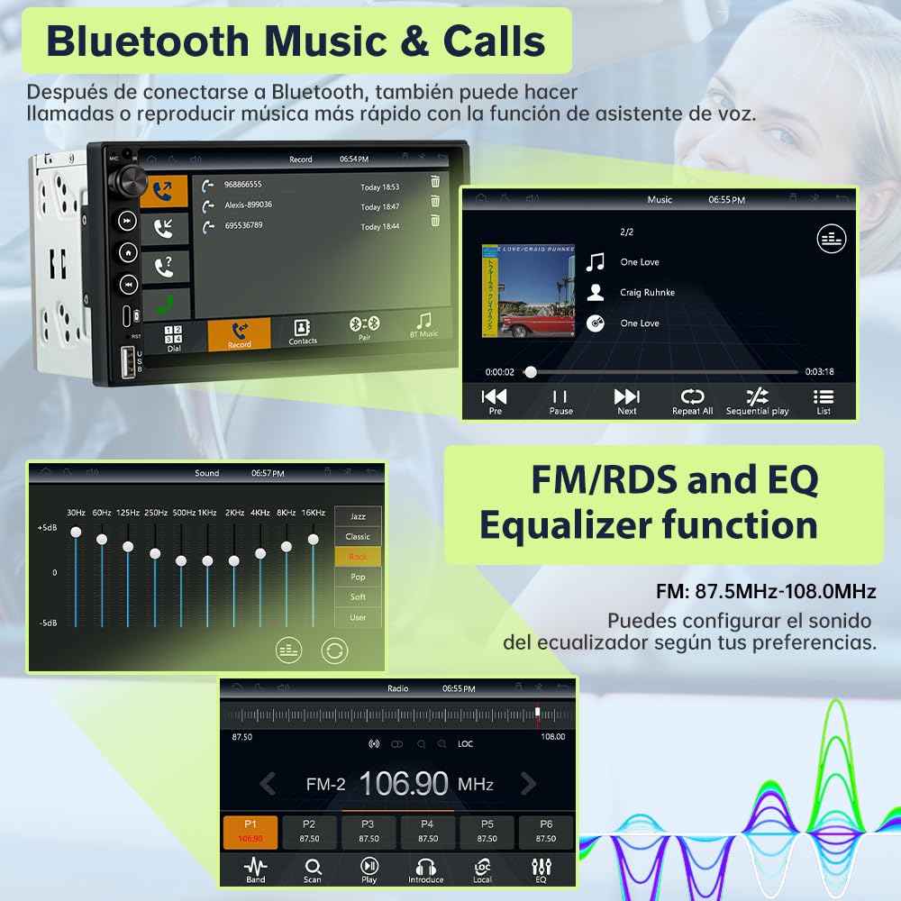 7" Radio de Coche 2 DIN Universal con Carplay y Android Auto Inalámbrico