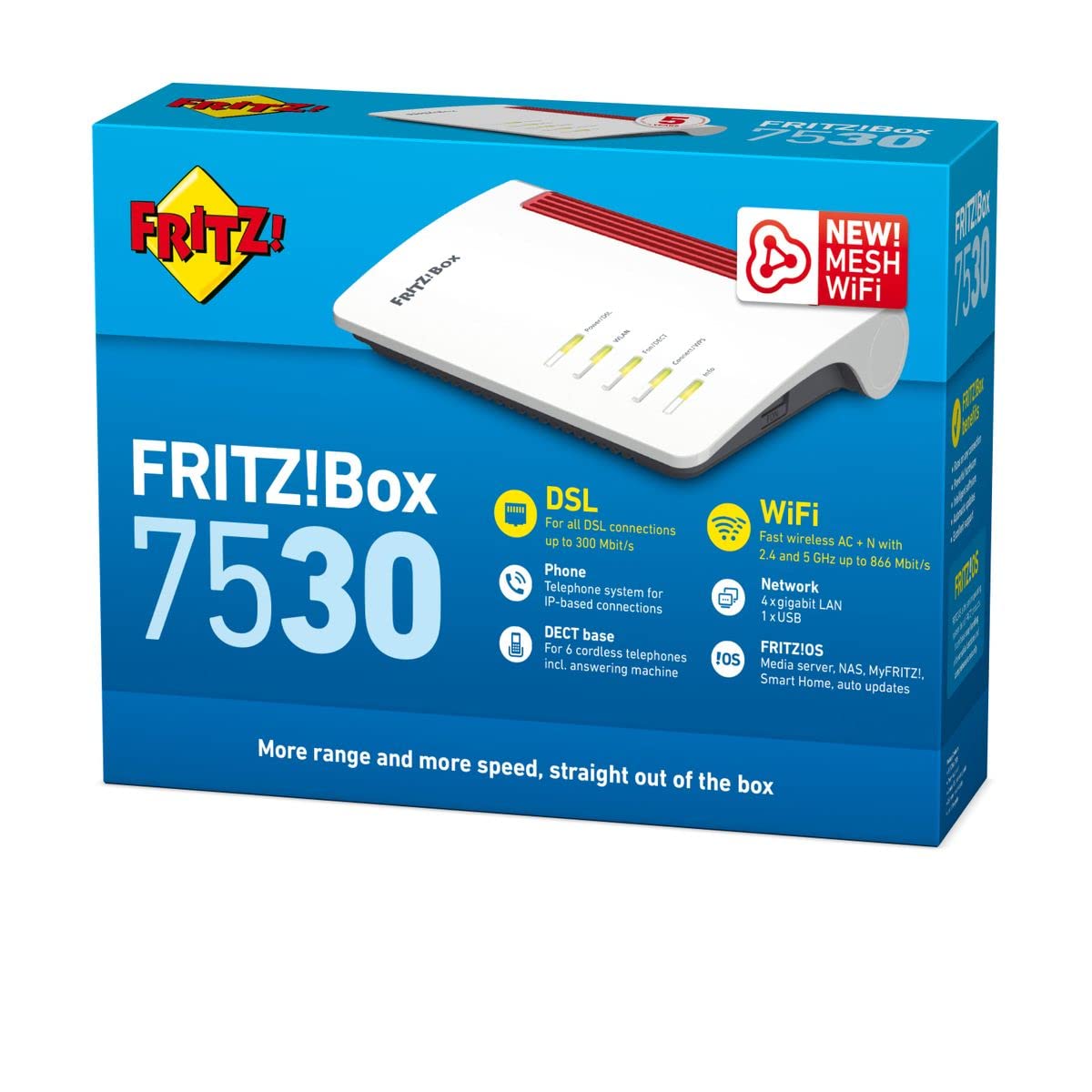 AVM FRITZ!Box 7530 International Modem Router, Wireless Veloce AC+N 1266 Mbit/s, velocità Internet fino a 300 Mbit/s, Base DECT, Media Server, interfaccia in italiano
