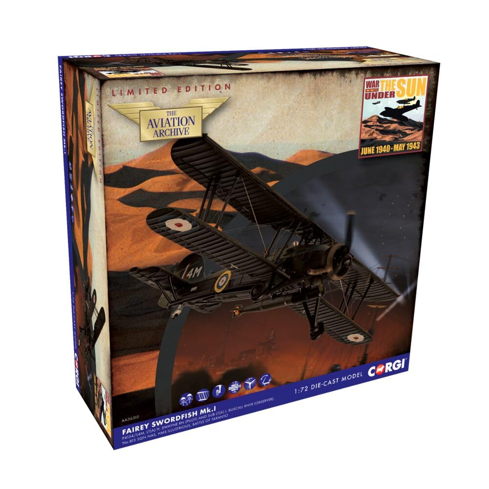 Corgi AA36312 Aviation Archive Fairey Swordfish MkI, P4154 / 4M, Battaglia di Taranto, novembre 1940 Die Cast Model Aircraft