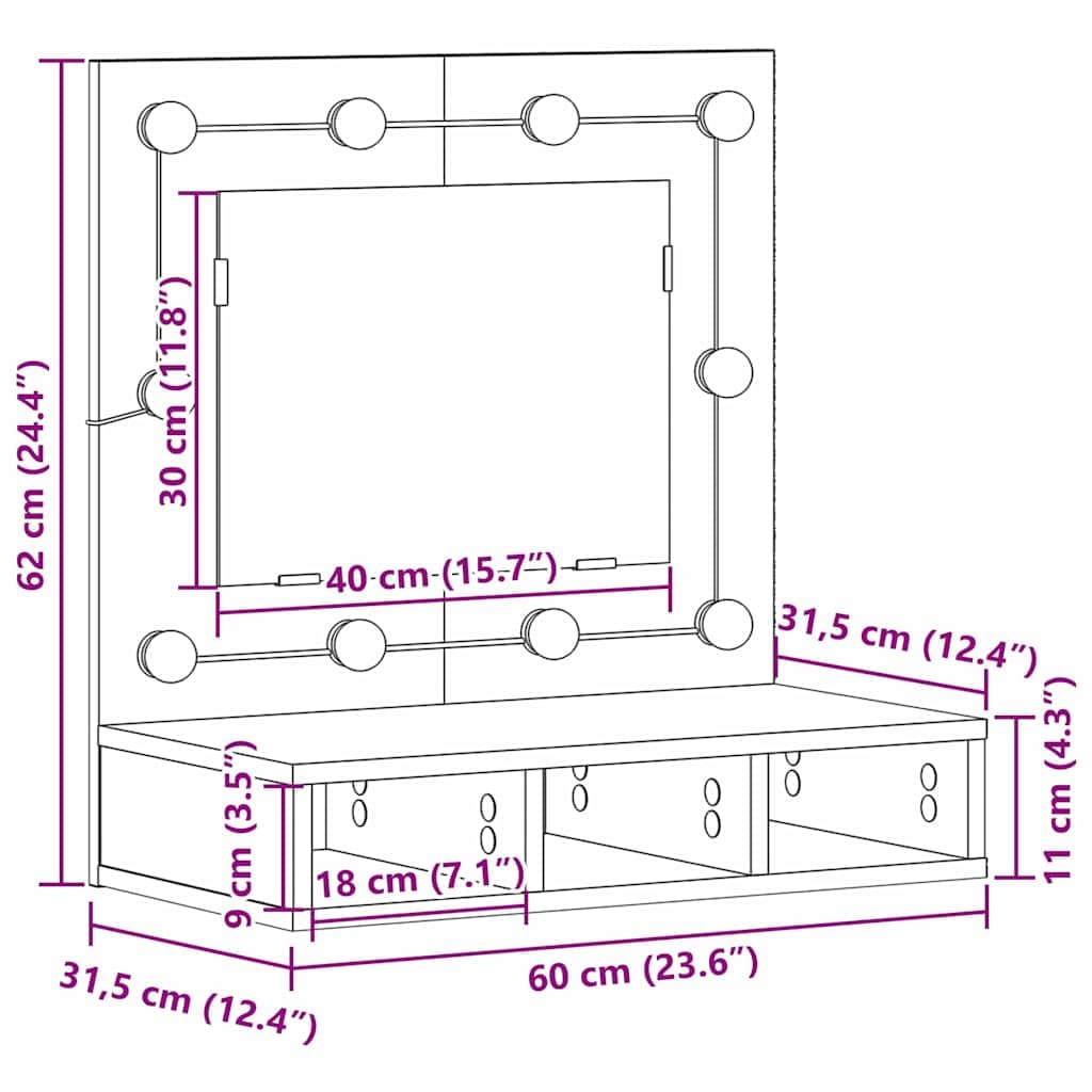 Szafka z lustrem z regałem w kolorze czarnym o wyglądzie dębu, wisząca szafka łazienkowa z materiału drewnopochodnego z oświetleniem LED, USB, 3 półki na płyty i schowkiem 60 x 31,5 x 62 cm