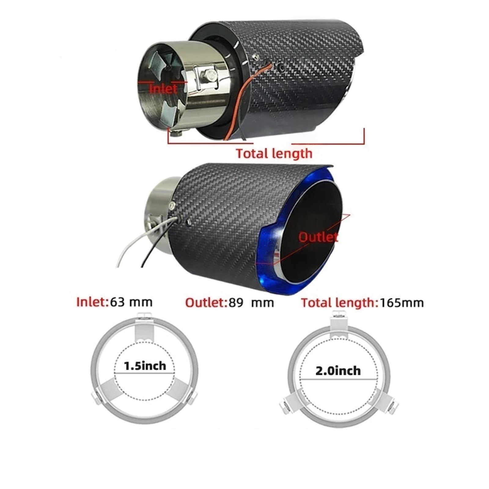 Tubo coda marmitta scarico Auto 1 pz luminoso tubo di scarico per auto modificato rosso e blu luce punta in fibra carbonio con a LED(Curled glossy RED)