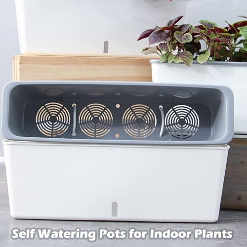 Miniatura 6 de Paquete de 3 macetas rectangulares de riego automático para plantas de interior de 17 x 4.7 pulgadas, jardineras rectangulares para alféizar de