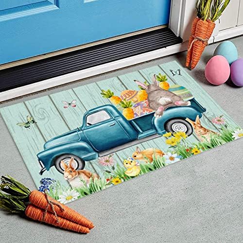 Easter Farm Truck Doormats Entrance Front Door Mat Bath Rugs Spring Bunny Carrot Decorative Indoor/Bathroom/Kitchen/Bedroom/Entryway Floor Mats Carpets, Non-Slip Rubber Backing-Floral Wood Plank