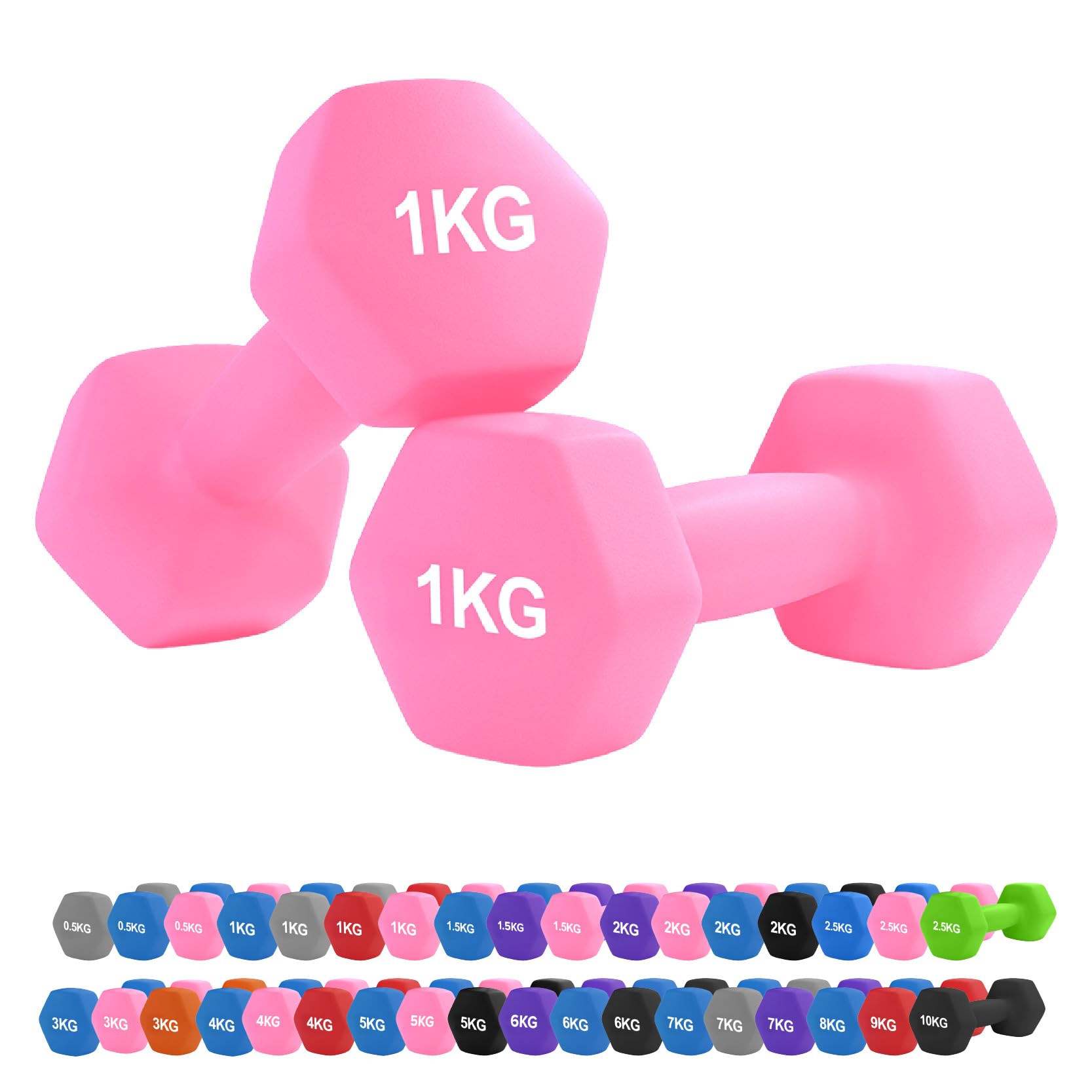Neoprene Hex Dumbbell Set 0.5–10kg – Non-Slip Comfort Grip Hand Weights for Home Gym, Strength Training, Full-Body Workouts, HIIT, CrossFit, Pilates (1Kg Pair-Pink)