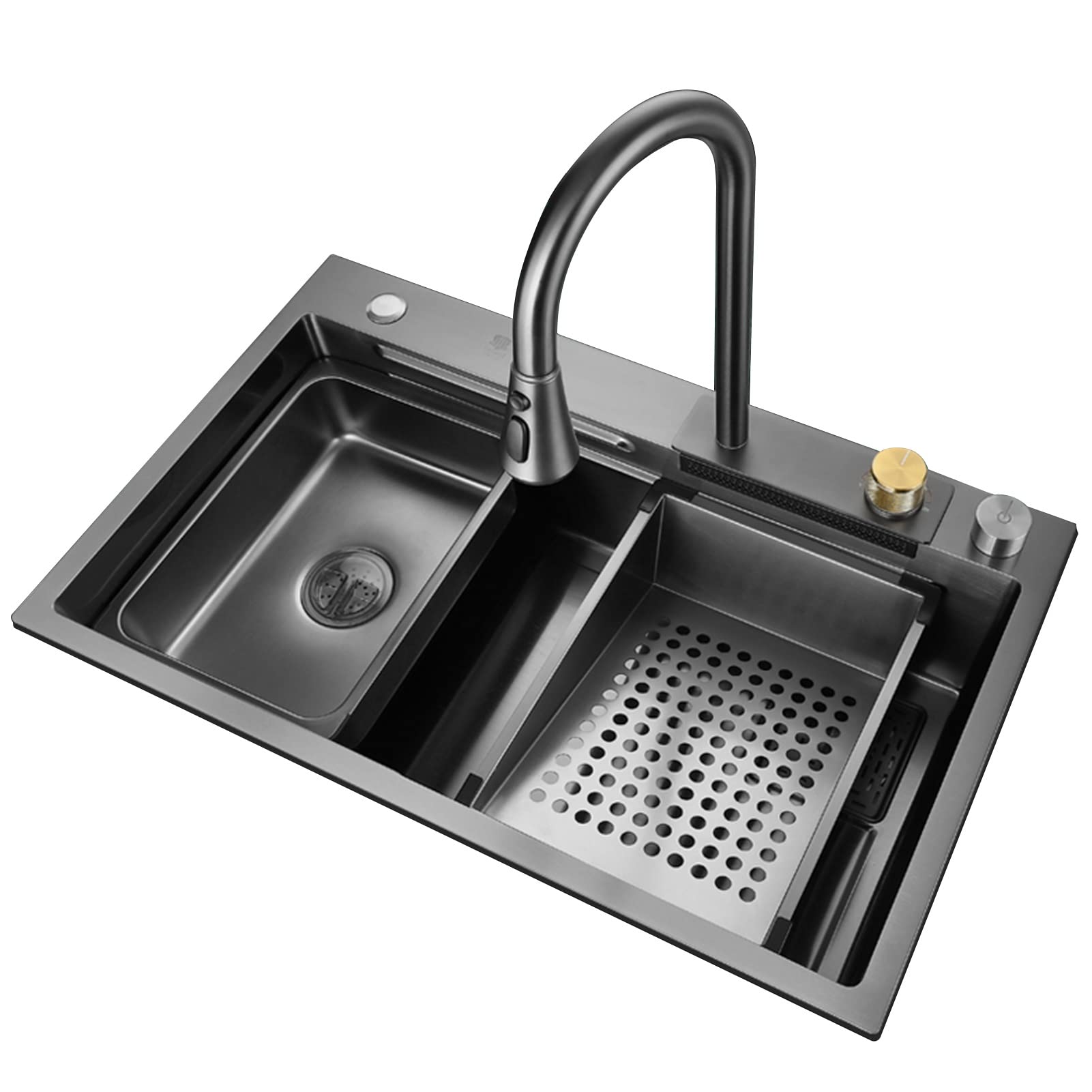 ZQFHSX 304 Stainless Steel Waterfall Bar Sink Black Nano Single Bowl Kitchen Multi-function Rv With Pull-Out Faucet And Drainage Components Top Mount Or Undermount (Color : Black-a, Size 68x45x