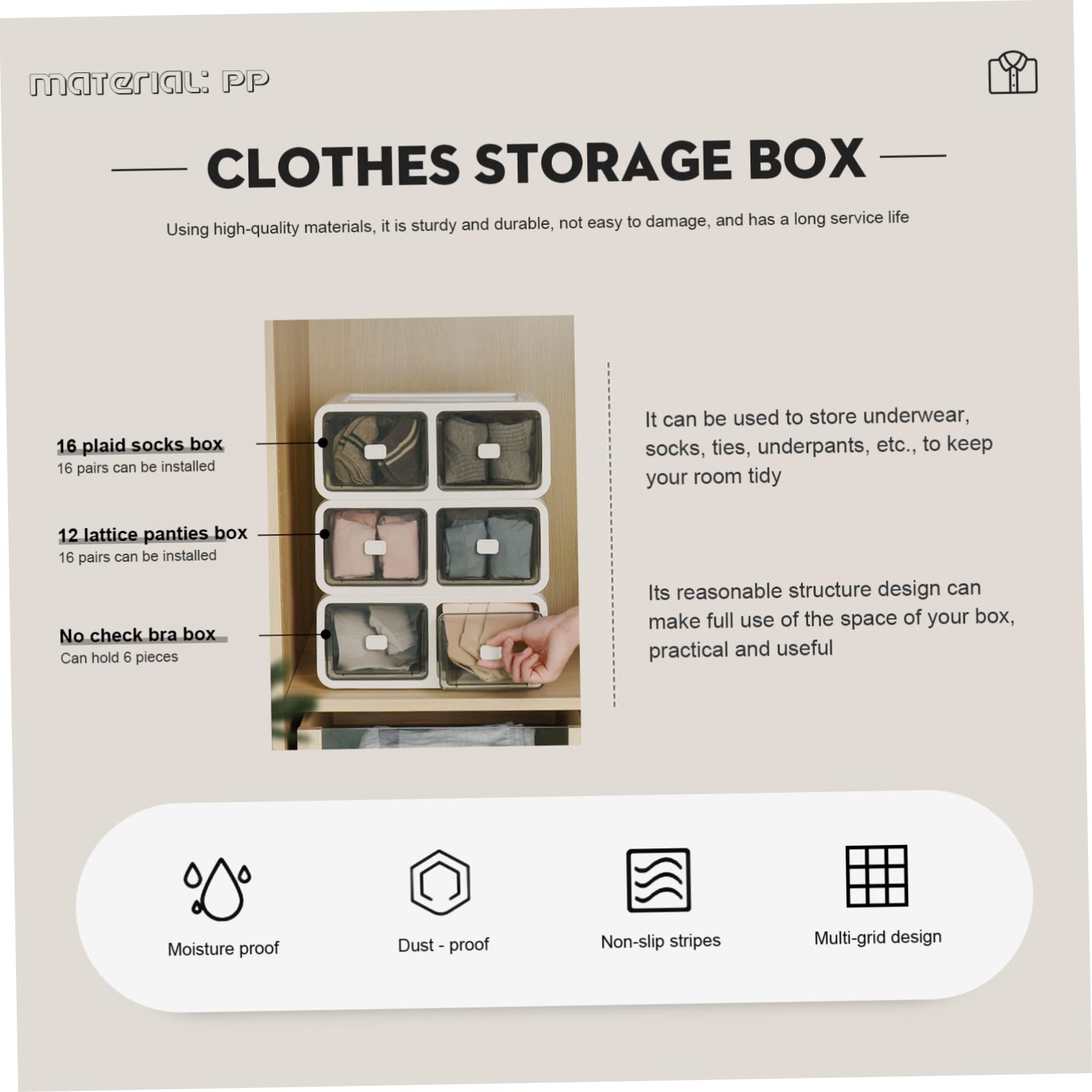 Amosfun Schubladenbox Braun 5 Fächer Stapelbar Pp Platzsparend für Unterwäsche und Socken für Kleiderschrank und Kommode
