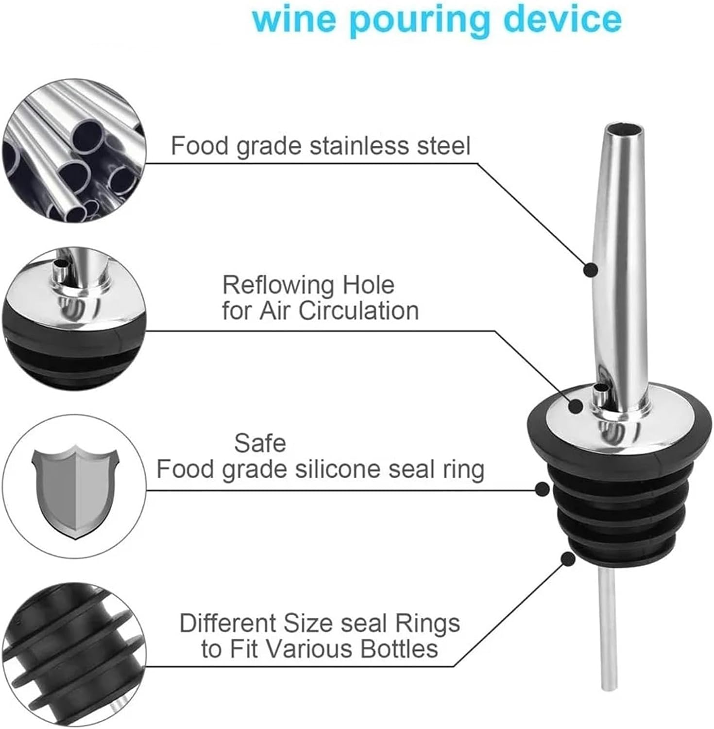 Bottle Pourers 20Pcs Wine Pourer with Rubber Dust Caps Stainless Steel Alcohol Dispenser Liquor Spouts Bottle Pourers(Silver black B)