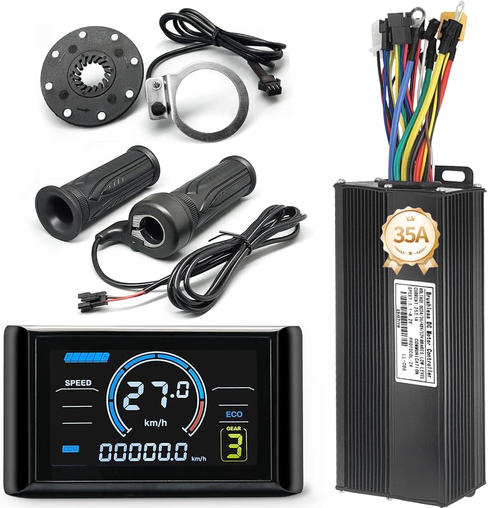 Electric Bicycle Controller for 1000W 2000W Hub Dc Motor, 30A/35A/45A Sine Wave 3-Mode Controller with S966 Color Display and 20X Right Handle Full Twist Throttle 36V 48V 52V