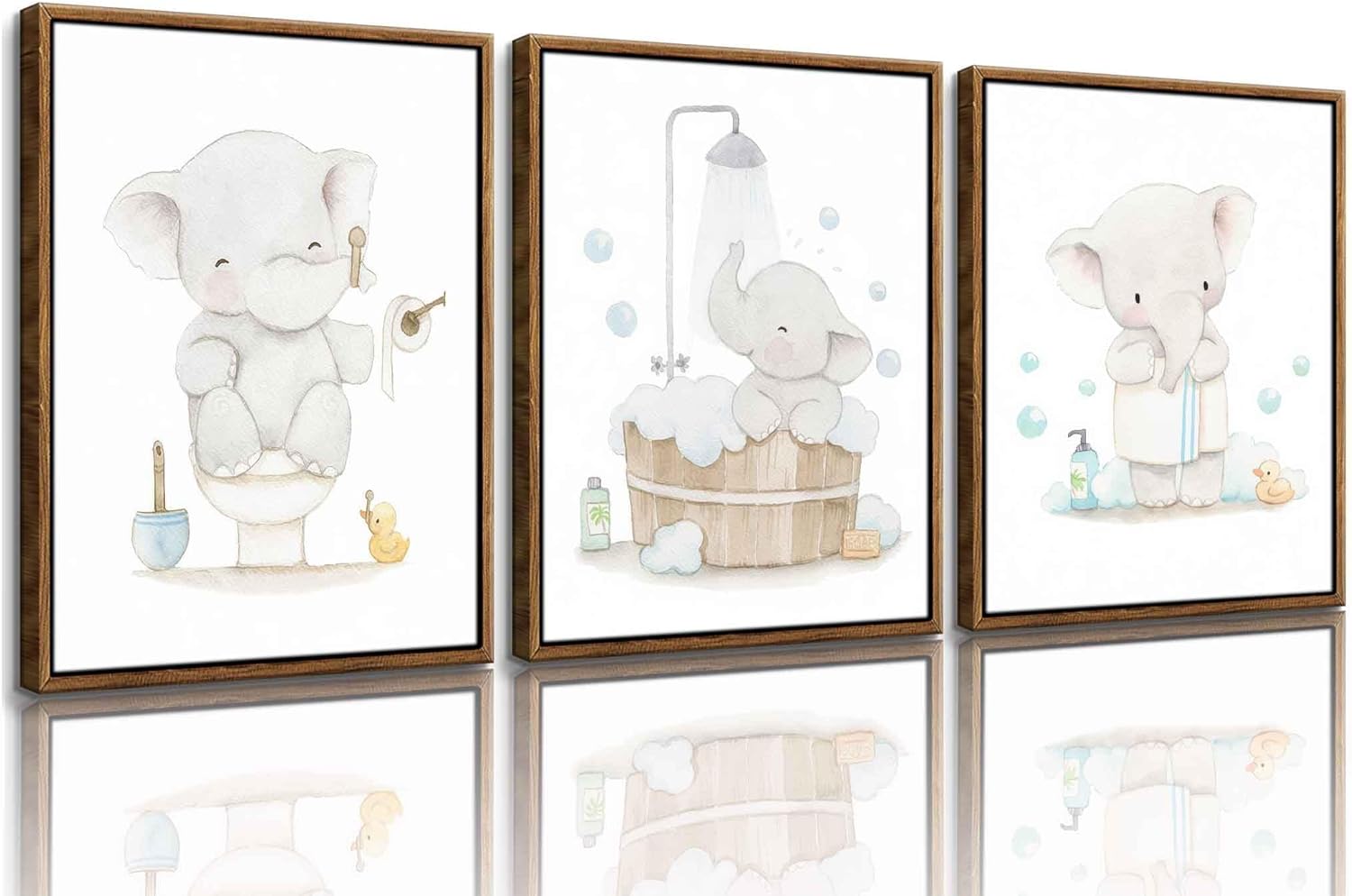 Framed. Set of three prints for bathrooms. An elephant in my bathroom wall art. Canvas Print. Funny kids Bathroom home decor. 12x16 inch.