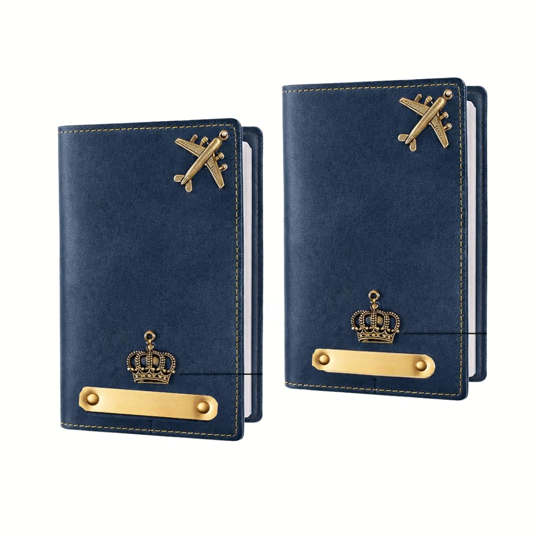 Personalised Leather Passport Cover Gift Set, Set of 2 Travel Passport Holders for Couples & Families, Metal, Minimalist Style, Button Closure, Card Slots (Blue)-image-3