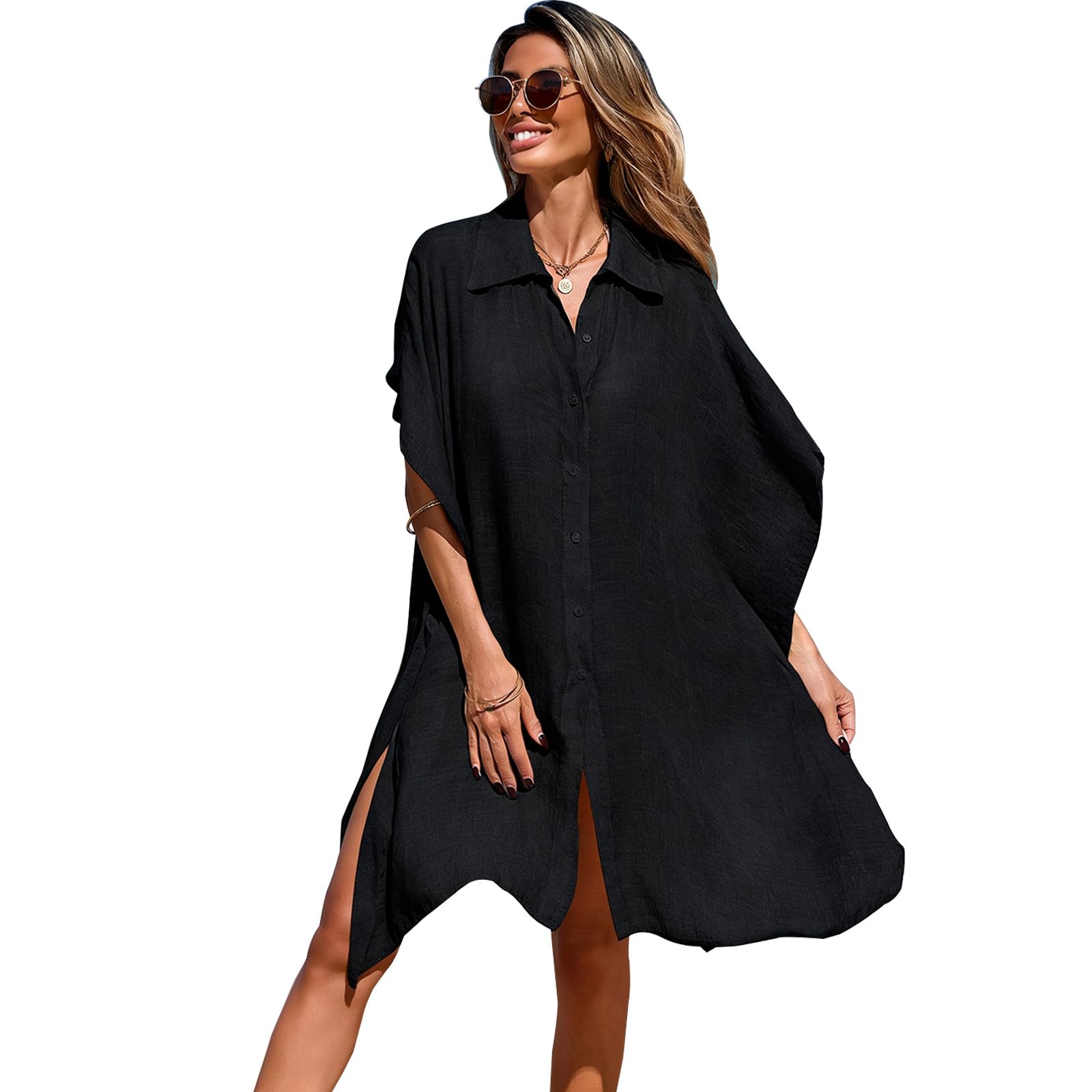 Tiakay Chemise Cache Maillot de Bain pour Femme | Col V Manches Courtes À Boutons Lin Oversizé Cover Up| Couverture Bikini Été Plage