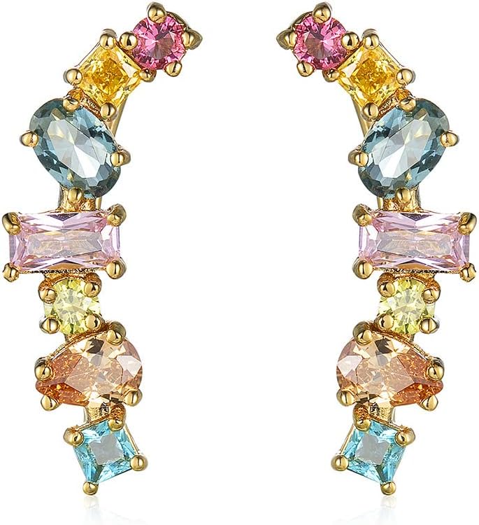 Pendientes trepadores de cristal coloridos para mujer, pendientes de aro con circonita cúbica y diamantes, pendientes llamativos, joyería de moda, regalos