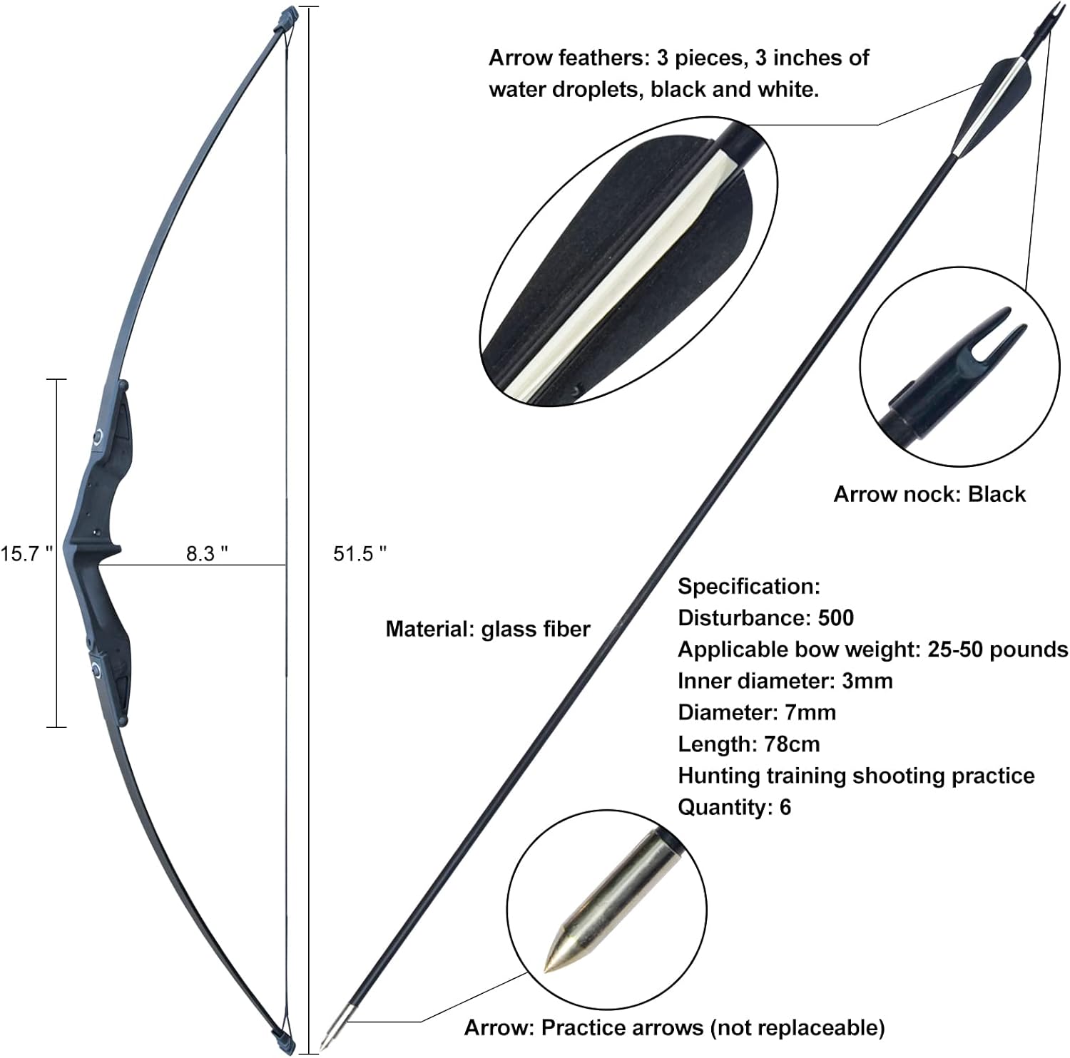 D&Q Archery Bow and Arrow Set Recurve Bows Adult Hunting Bow 51″ 30lbs