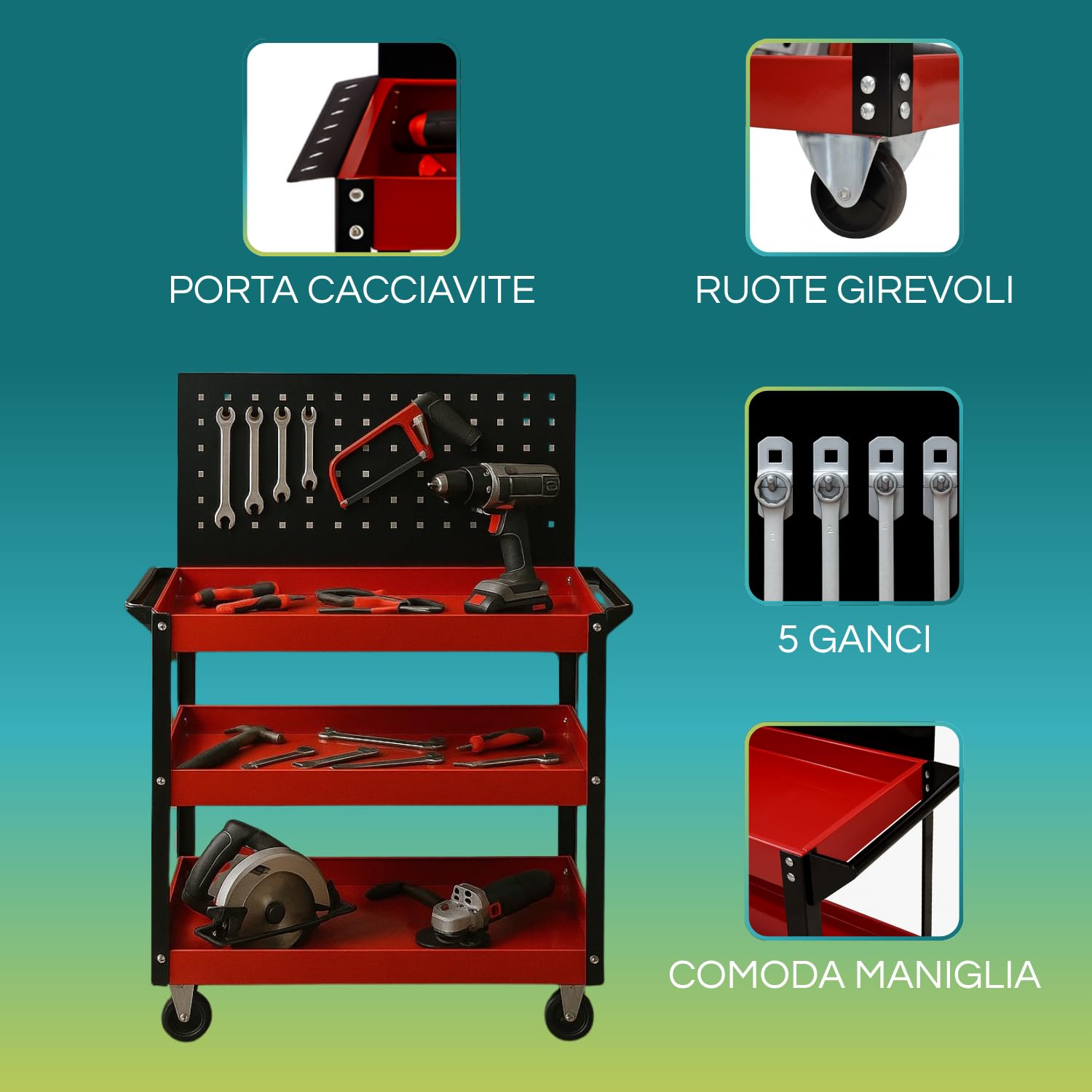 PALUPLUS Carrello Porta Attrezzi 3 Ripiani Pannello Forato 81x35x110 cm Acciaio Ruote Girevoli 150Kg