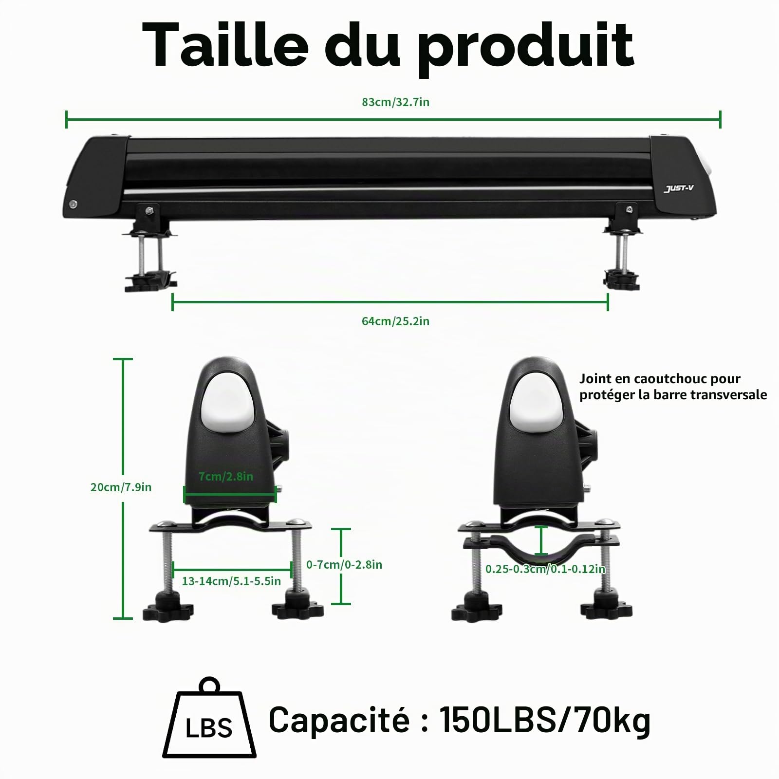 Just-V Porte-skis universel pour 4 paires de ski et 2 snowboards Montage sur barres de toit en acier et aluminium Snowpack Porte-skis, Noir