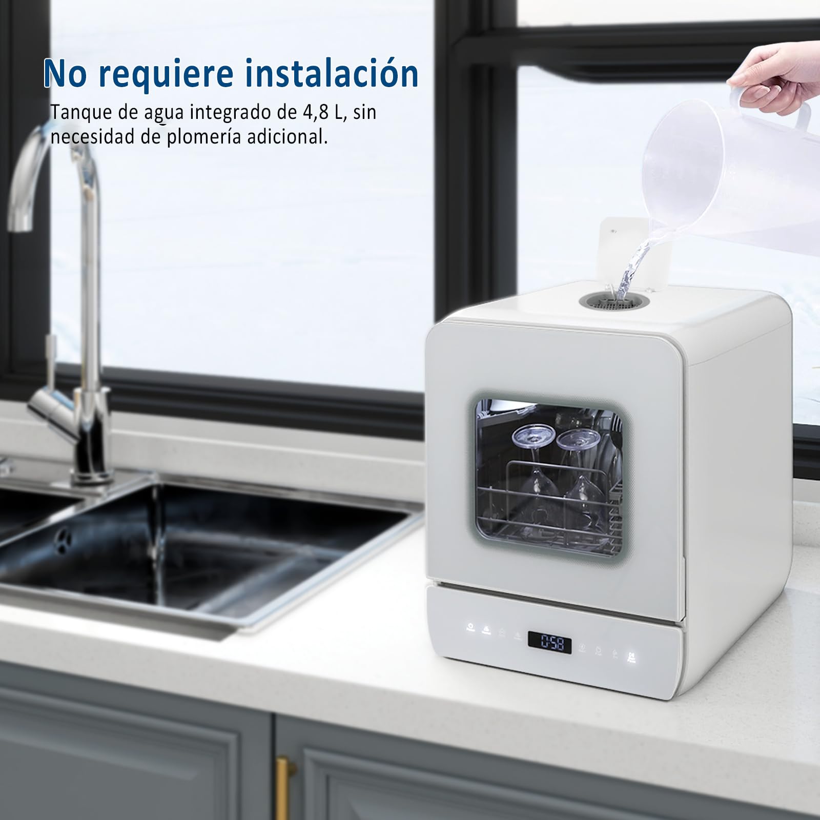 YU YUSING Lavavajillas de Encimera 45 cm 4.8 L con 7 Programas 5 Juegos, Mini Lavavajillas Pequeño con 2 Suministro Agua, Portátil, Control Táctil, Pantalla LED para Casa Oficina Camping, Blanco