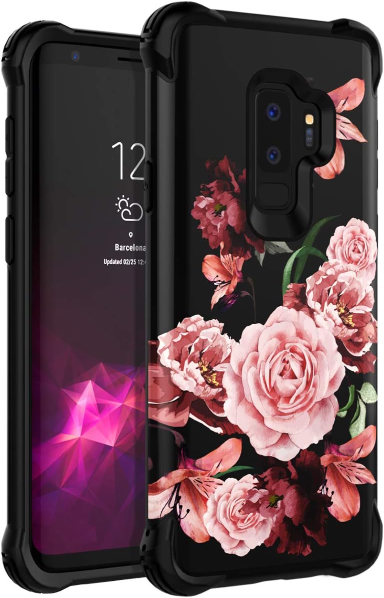 TIANLI Galaxy S9 Plus Case Dual Layer Beautiful Flowers Women/Girls Shockproof Protection Slim Smooth Protective Floral Cover - Black
