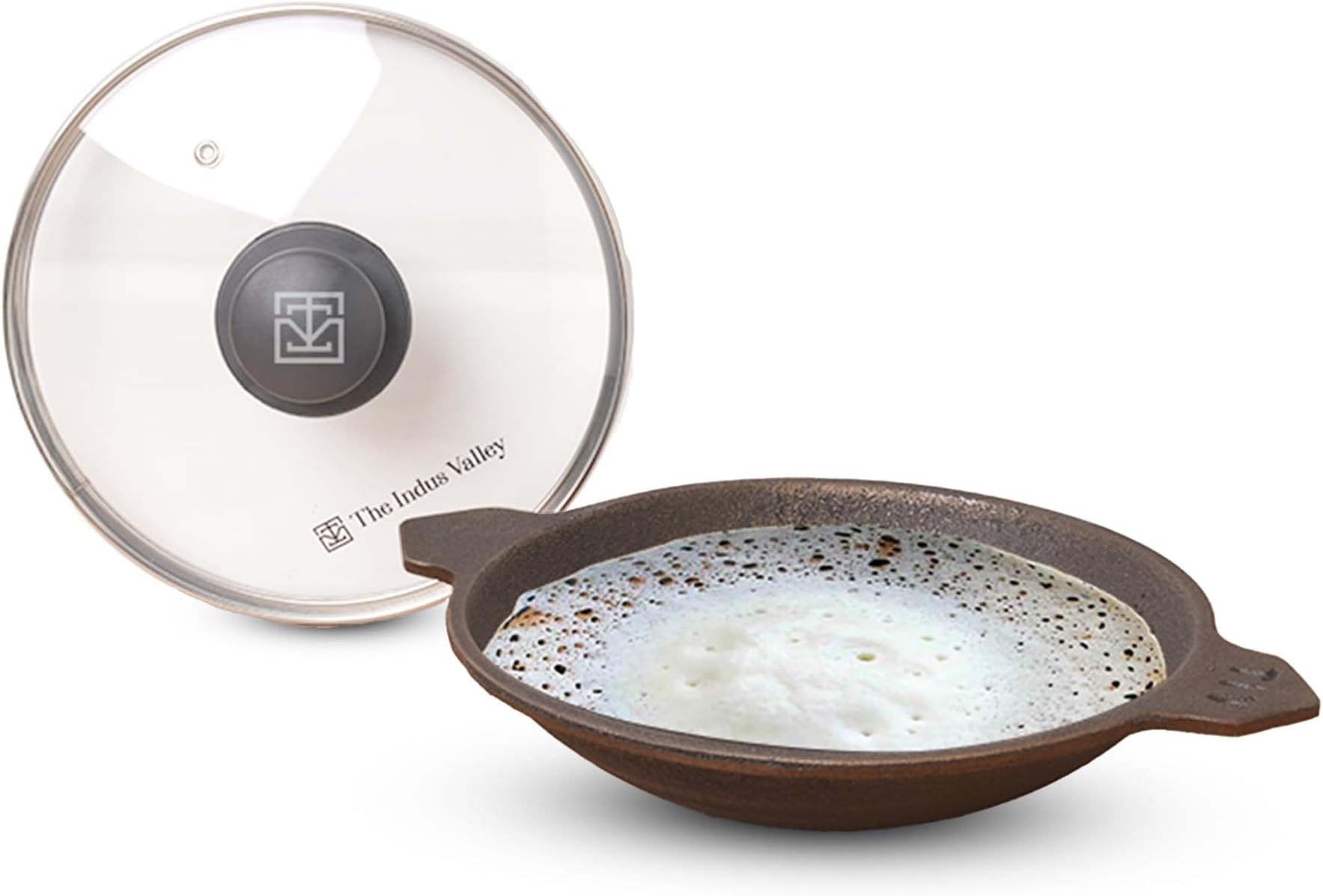 The Indus Valley Pre-Seasoned Cast Iron Appam Pan/Appachatty/Chetty Pan/Appam Patra with Glass Lid | 22 Cm/8.7 Inch, 1.5Kg | Gas Compatible | Nonstick Appam Pan, 100% Pure & Toxin-Free,Black