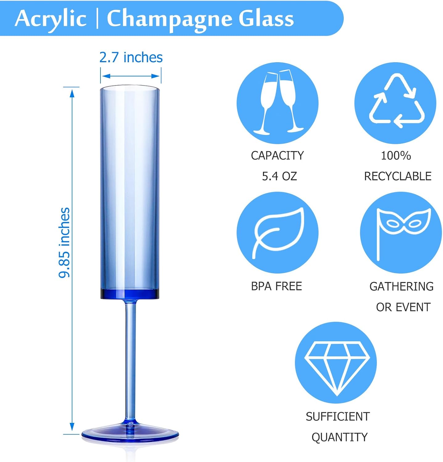 24 PCS Sapphire Blue Plastic Champagne Flutes 5.4 OZ Clear Acrylic Champagne Flutes Sparkling Wine GlassesLong Stem Crystal Champagne Glasses For Wedding Baby Shower Anniversary Birthday - Image 2