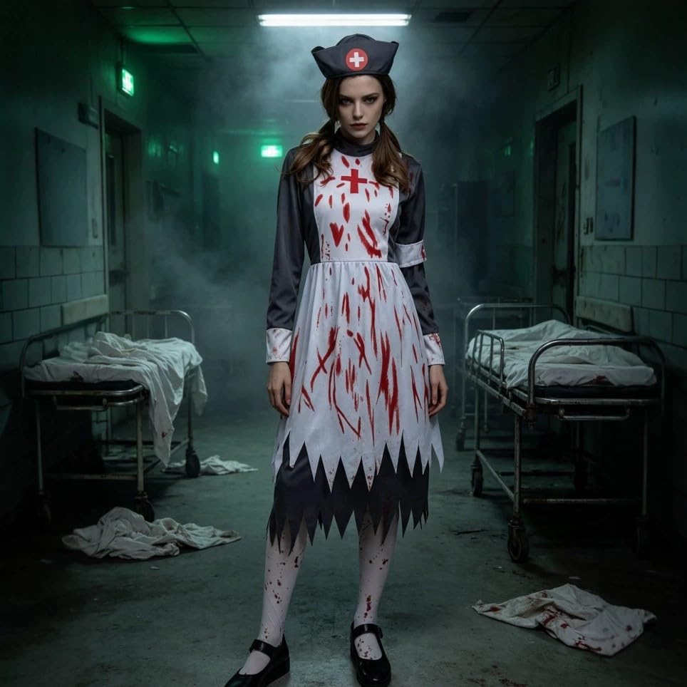 Women Costume Set Non-fade Blood Splatter Print, Bloody Print Dress with Hat Holiday Cosplay Party Wear (A1-Black, S) - image 4