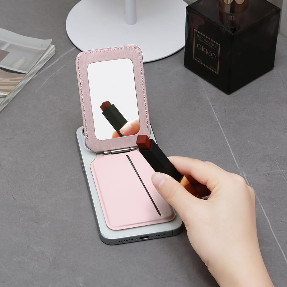 LUVI Magnetic Wallet Stand with Mirror Compatible with Magsafe Adjustable Kickstand PU Leather Card Holder Back of Phone for iPhone 16/15/14/13/12 Series -Pink - Image 5