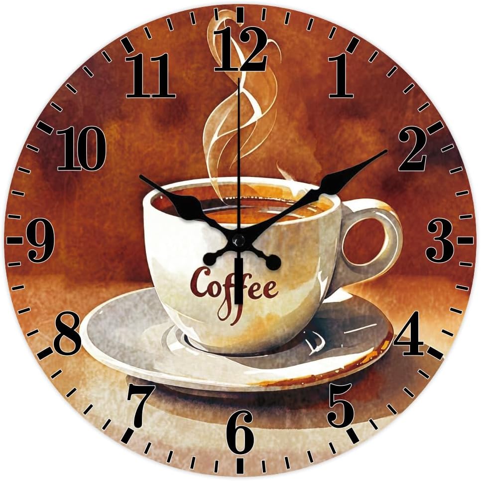 CHGCRAFT Retro Style Coffee Pattern Wall Clock 12 Inch Non-Ticking Brown Clocks Round Wall Hanging Clock Battery Operated for Bedroom Living Room Kitchen Office