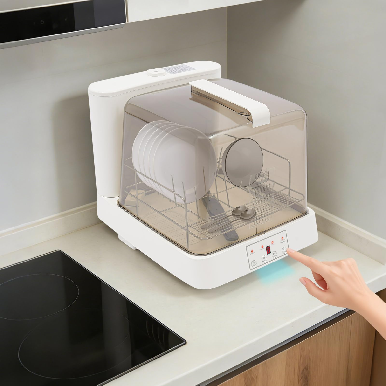 Lavastoviglie da tavolo Mini serbatoio d'acqua da 8 l, 3 programmi di pulizia, pulizia a 360°, sicurezza bambini, controllo touch, lavastoviglie compatta portatile per casa, campeggio, roulotte