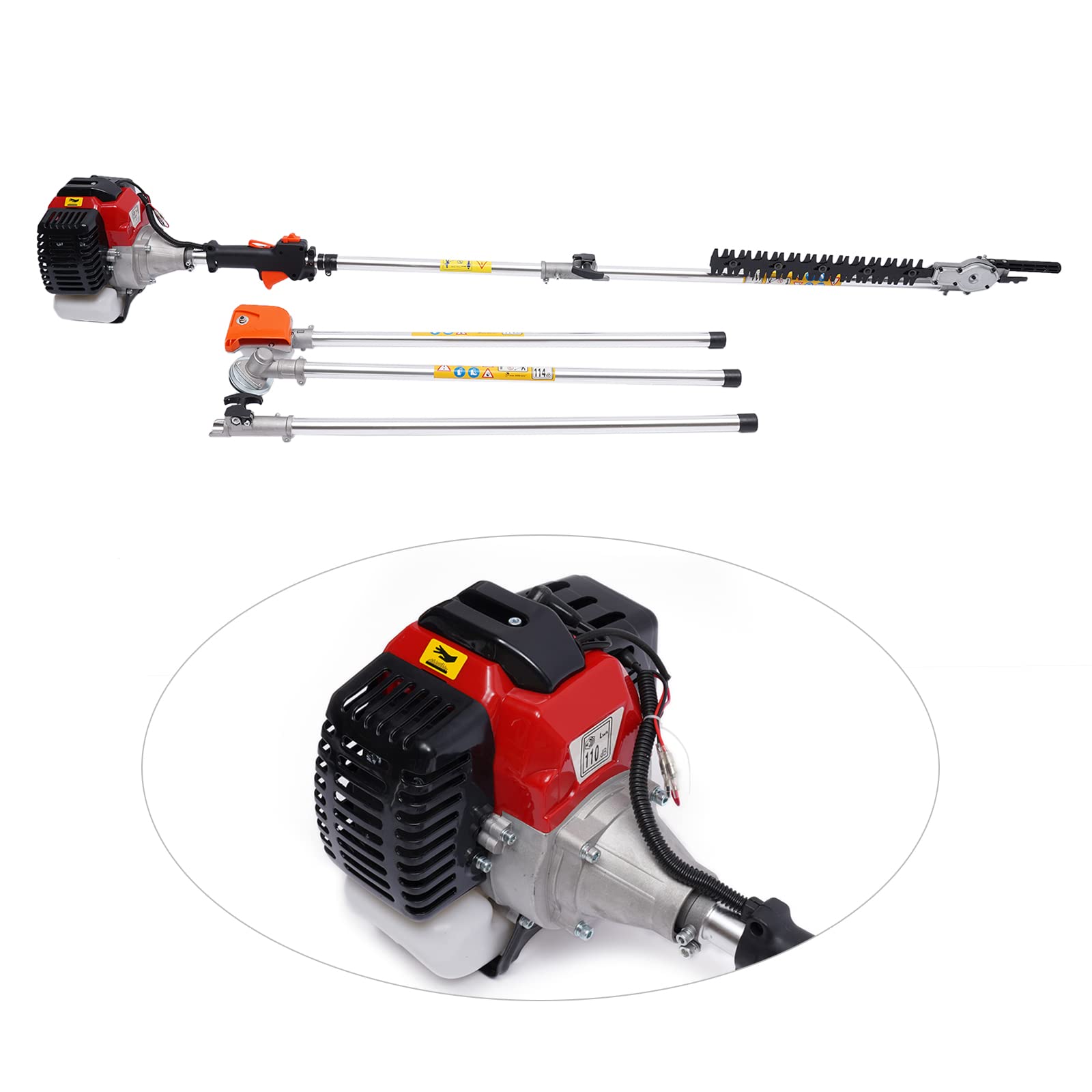 2-suwowy sekator benzynowy 52 cc, 1,7 kW, ze zbiornikiem paliwa 1000 ml i 7 głowicami, 6500 – 8500 obr./min 110 dB, nożyce do żywopłotu, benzynowe do mocnego cięcia w wysokich koronach drzew