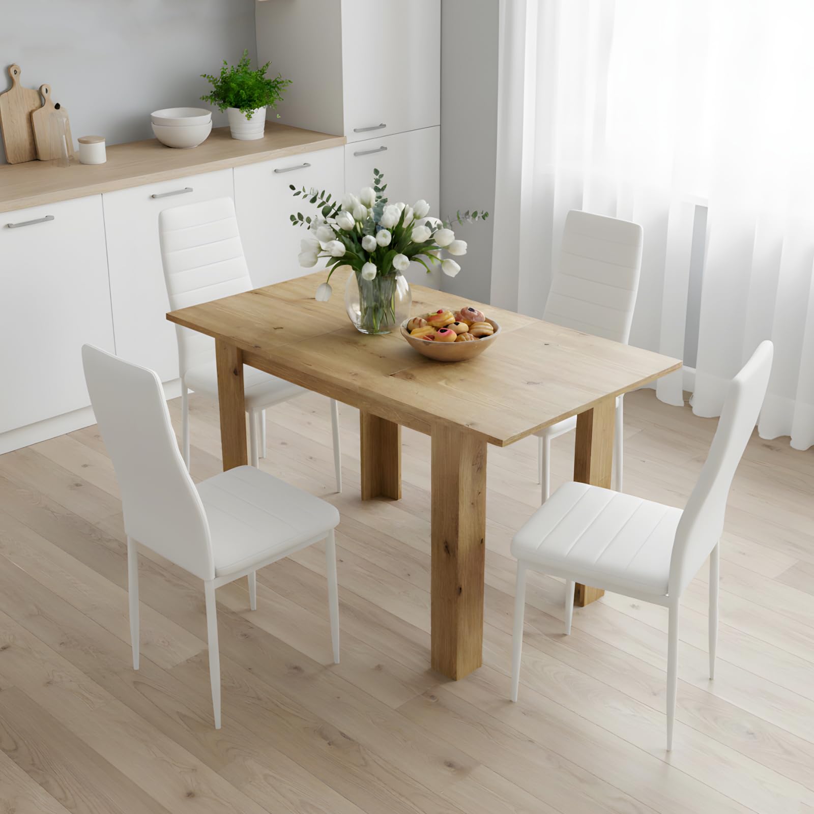 Set tavolo da pranzo allungabile 90-125 cm con 4 sedie, set tavolo e sedie in similpelle, risparmio di spazio, per piccolo spazio cucina, sala da pranzo e soggiorno (rovere + bianco)