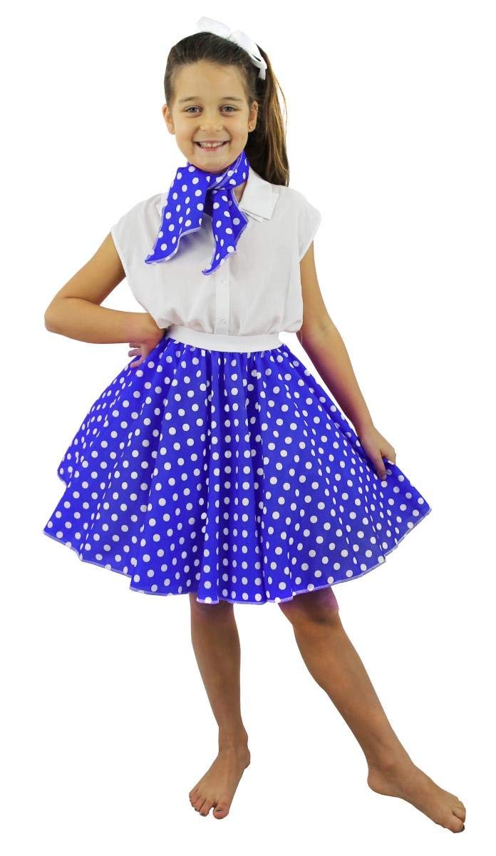 Deluxe Childs Rock N ROLL Skirt Fancy Dress Costume Set 18" Long (46 CM) Polka DOT 50'S Skirt with Neck Scarf Coloured Rock and ROLL Swing Outfit Child (Blue with White DOTS) — image 1