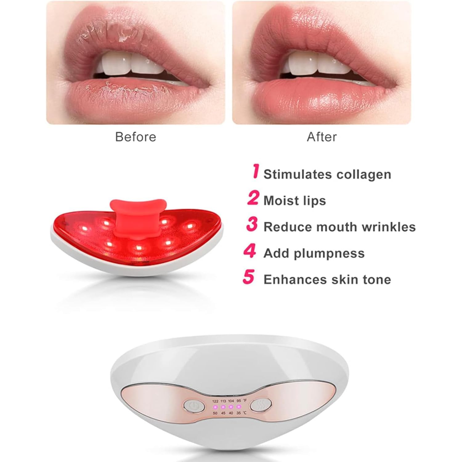 TsoLay Maschera Volumizzante Labbra Elettrica Naturale, Dispositivo Volumizzante Labbra a Luce Rossa con Riscaldamento, Temperatura Regolabile da 35 °C a 50 °C, Ricaricabile Tramite USB, Anti-età