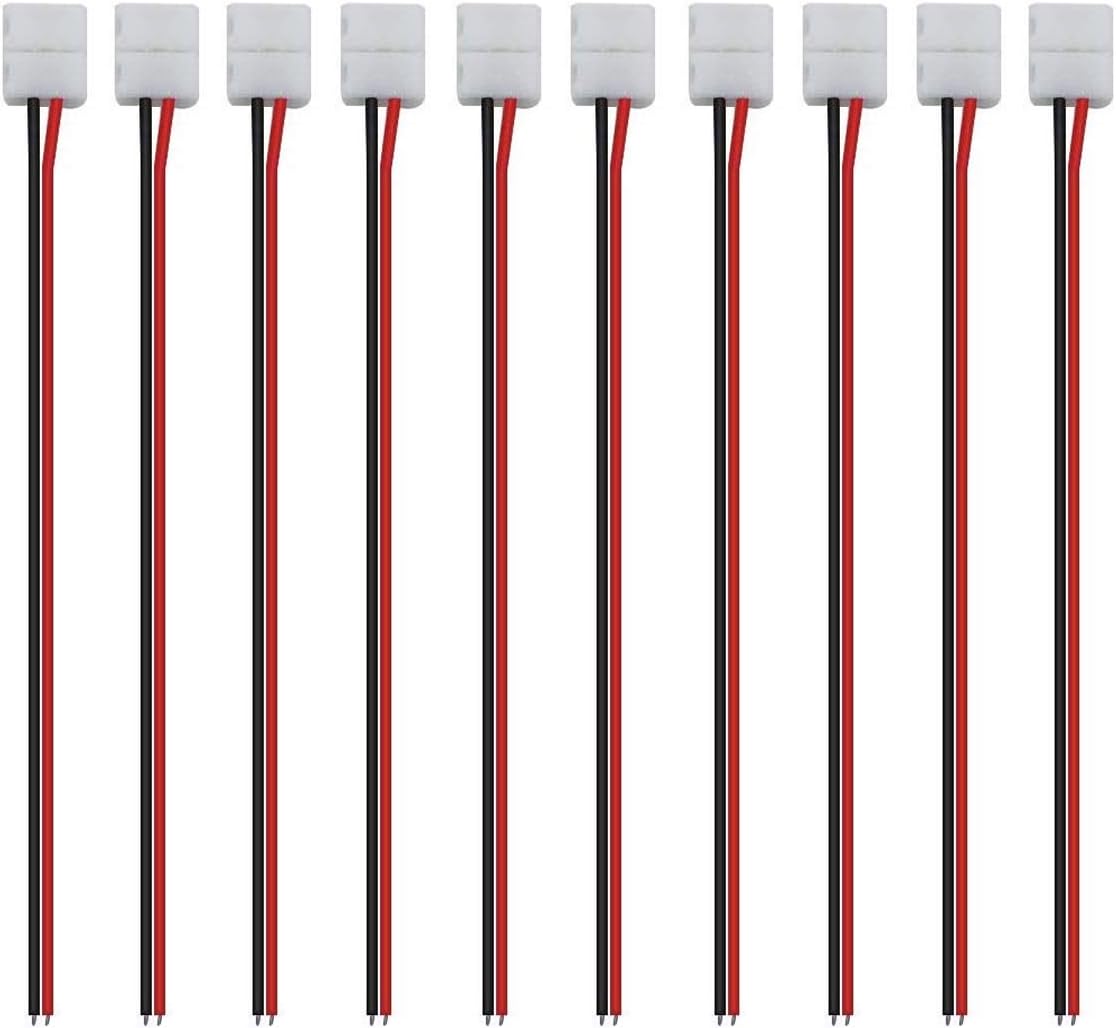 iCreating 8mm 2 Pin LED Strip Light Connector with Pigtail (10pcs), 3528 Flexible LED Connector Solderless Clamp On Pigtail Adapter for 8mm Wide SMD 3528 2835 Single Color Flexible LED Tape